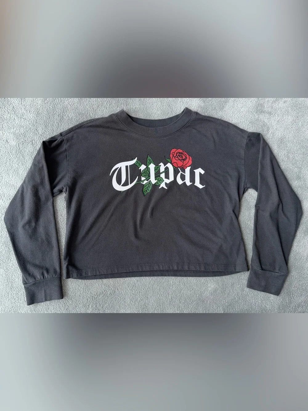 GAP Teen Black Long-Sleeve Oversized Cropped Tee with White 'Tupac' Graphic